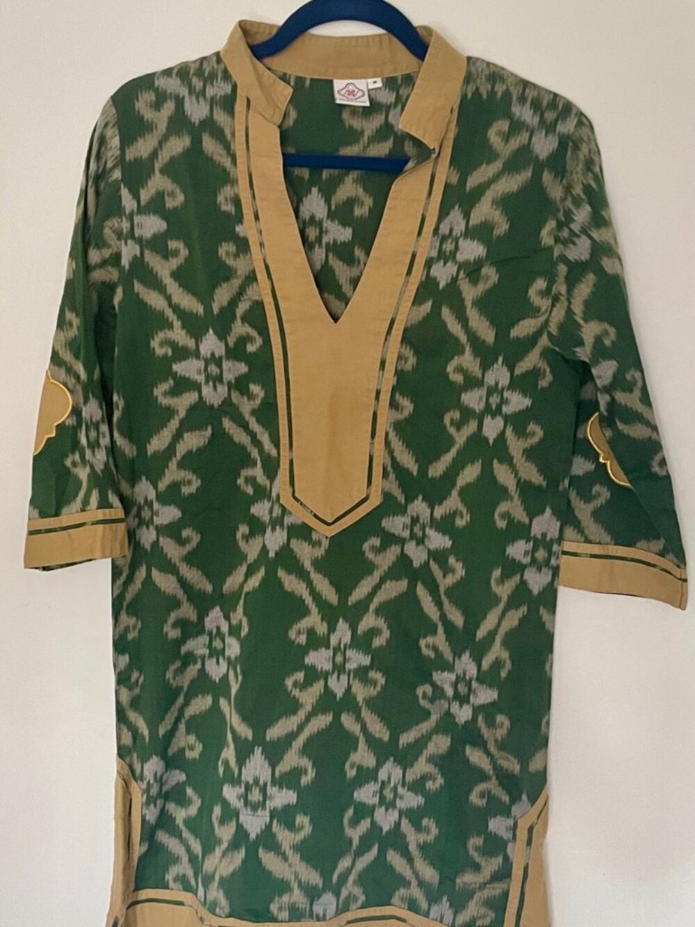 Sheridan French Green & Gold Tunic Style Mini Dress sz medium Ikat Print